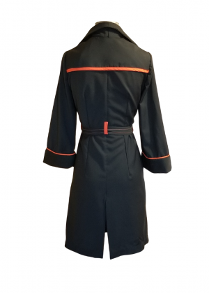 A black coat with orange trim on the collar and waist.