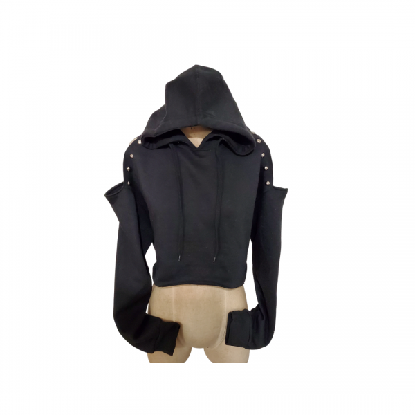 A black hooded jacket with a metal strap on the back.