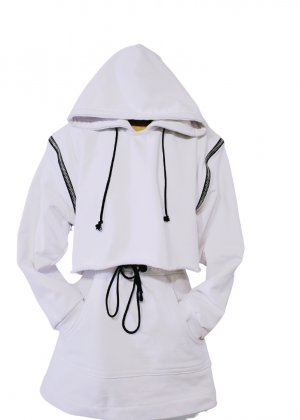A white hoodie with black trim and pockets.