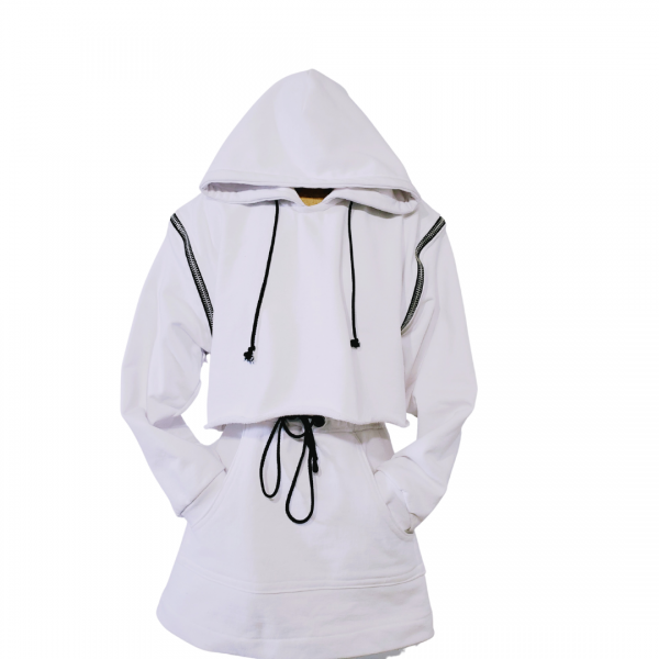 A white hoodie with black trim and pockets.