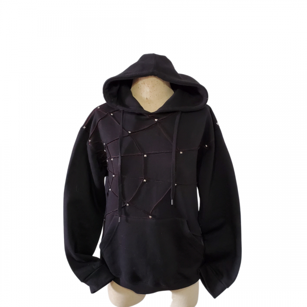 A black hoodie with gold studs on the front.
