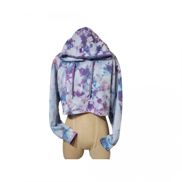 A mannequin wearing a purple and blue tie dye hoodie.