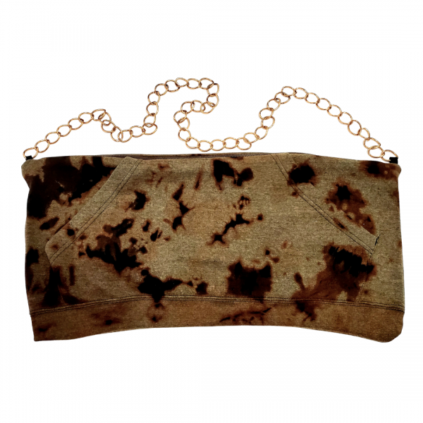 A brown and black purse with gold chain