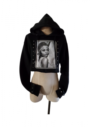 A black hoodie with a picture of marilyn monroe on it.