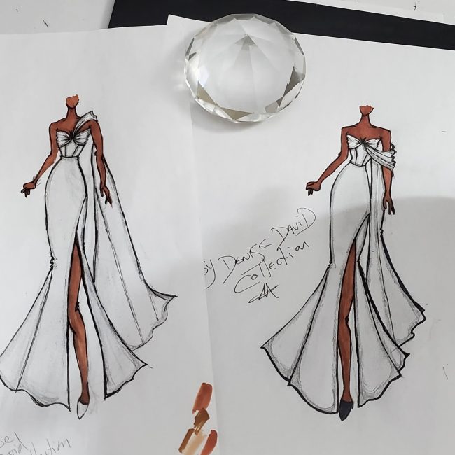 A couple of drawings of a woman in white dress.